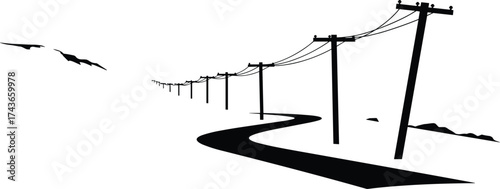Minimalist winding road with utility poles, rural power lines perspective, desert rocky terrain, infrastructure landscape illustration, high contrast design, distance direction travel concept art