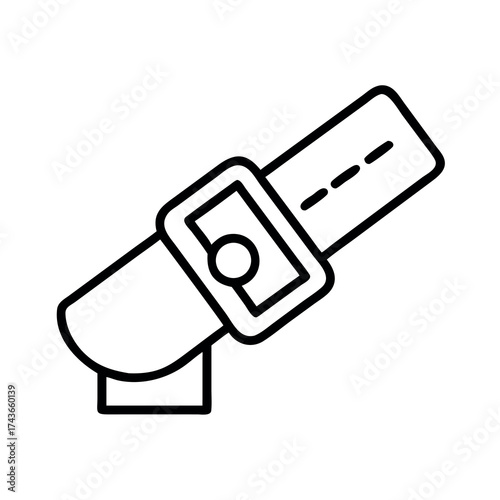 Simple line art icon of a belt buckle with a strap and hole detail