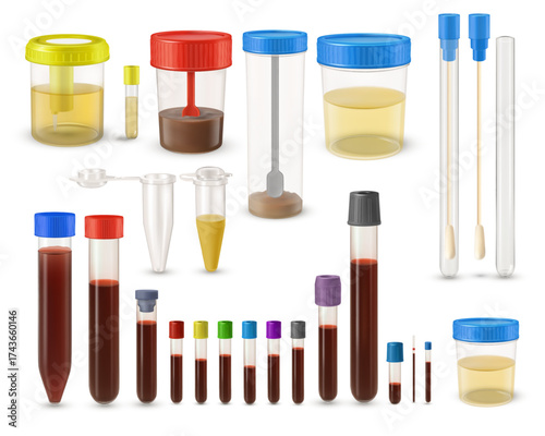 Filled medical containers for assembling human biomaterial, vector realistic transparent test tubes laboratory analysis