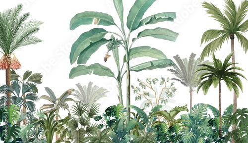Safari, jungle wall mural nursery decor, Tropical Wallpaper Illustration, Palm Tree Background, Mughal Garden Illustration.