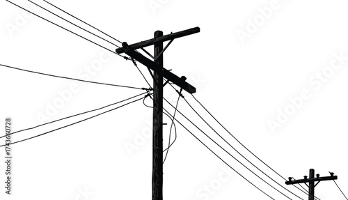 Utility pole silhouette with multiple power lines, wooden crossarm structure, electric insulators, urban infrastructure, high contrast graphic style, blue black artistic background illustration