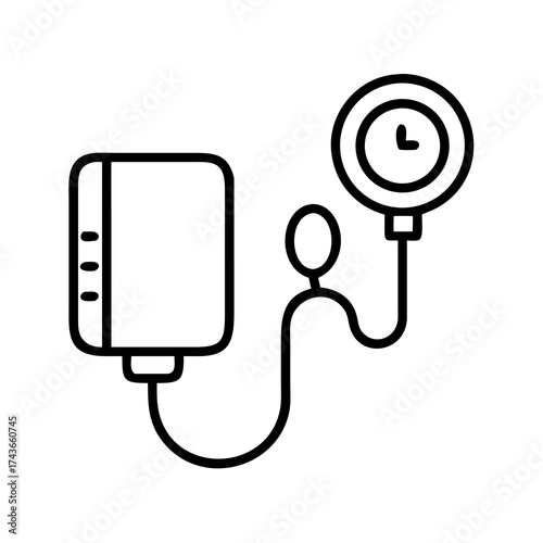 Simple line art illustration of a blood pressure monitor and cuff for medical healthcare concepts