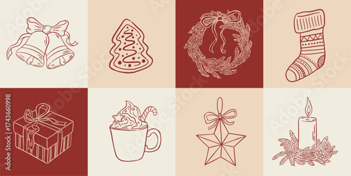 Hand draw Christmas decoration set. Vintage bells, gingerbread, wreaths, gift box, stocking, candle, coffee cup vector illustration. New Year greeting card, invitation, social media