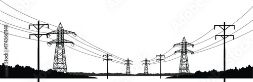 High voltage transmission towers, electricity pylons, utility poles, power lines, rural energy infrastructure, electrical grid distribution, industrial silhouette, renewable energy concept, 