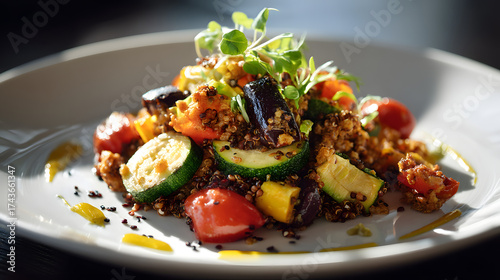 Colorful vegan dish on white plate vegetables grains