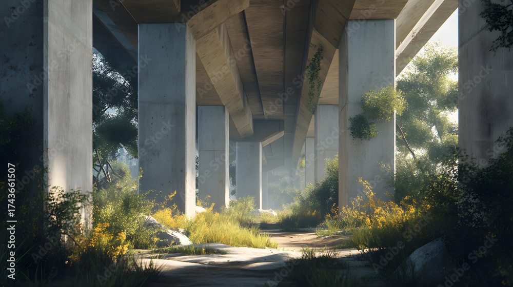 custom made wallpaper toronto digitalConcrete pillars supporting overpass sunlight photorealistic