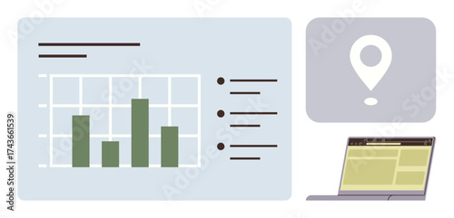 Bar chart showing data insights, location icon for mapping, and a laptop screen illustrating a webpage. Ideal for business analysis, strategy, data reports, navigation, remote work, decision-making