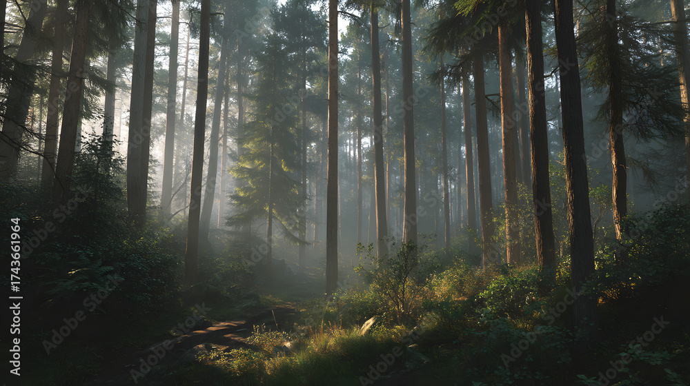 Fototapeta premium Dense forest with morning fog soft sunlight filtering