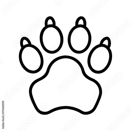 Simple line drawing of a dog paw print with five toes and a large pad