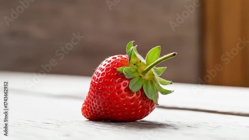 A single ripe strawberry rests on a wooden surface near a window