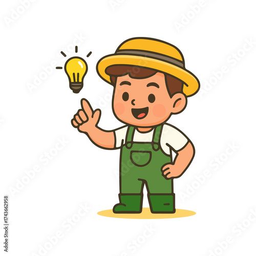 Cute farmer chibi cartoon with idea light bulb. Agriculture worker mascot pointing with creative idea.
