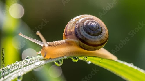 Snail on a dewy blade of grass