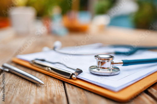 Stethoscope and clipboard on wooden table