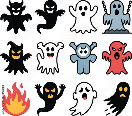Assorted Halloween Ghosts and Fire Icons Set 