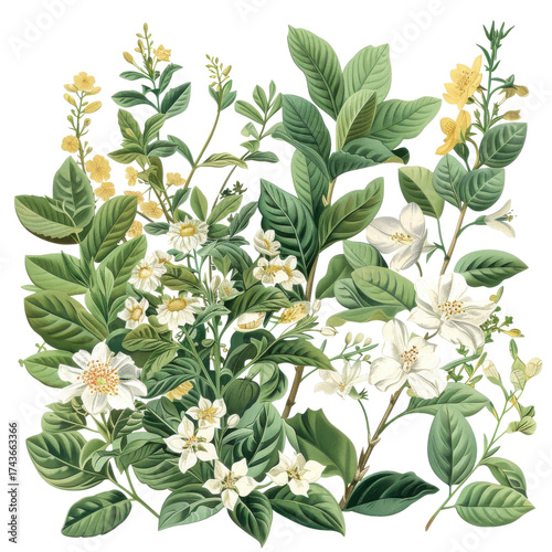 Beautiful collection of green leaves and blooming flowers in a botanical illustration captured in a natural setting