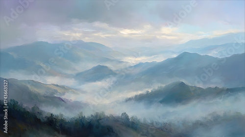 Foggy mountain ridge ethereal light painterly style soft