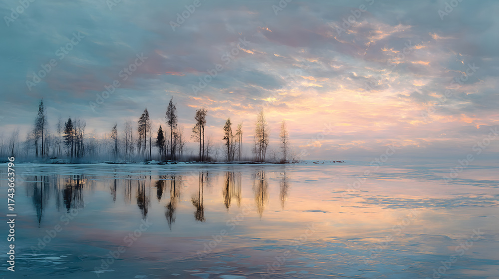 Obraz premium Frozen lake with thin glowing ice surreal winter landscape