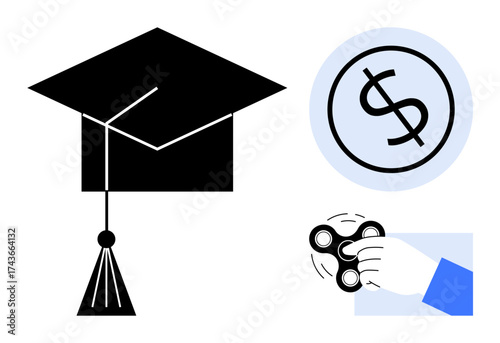 Mortarboard representing education, dollar sign reflecting financial concepts, and hand with fidget spinner for focus. Ideal for learning, budgeting, productivity, mindfulness, career, youth