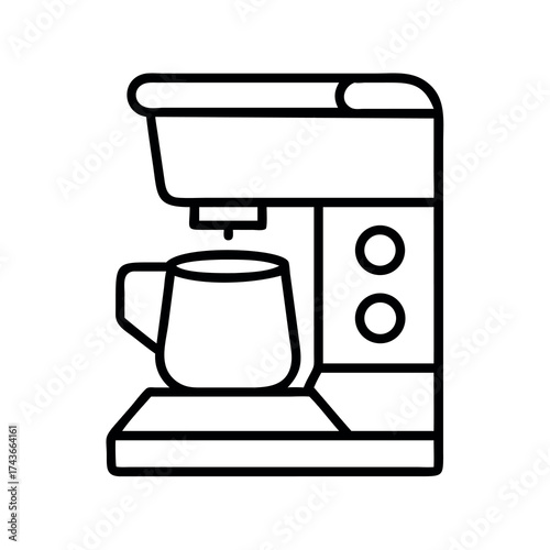 Simple line art illustration of a modern coffee maker brewing coffee into a mug