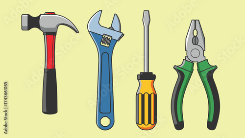 Assorted hand tools hammer wrench screwdriver and pliers bundle design
