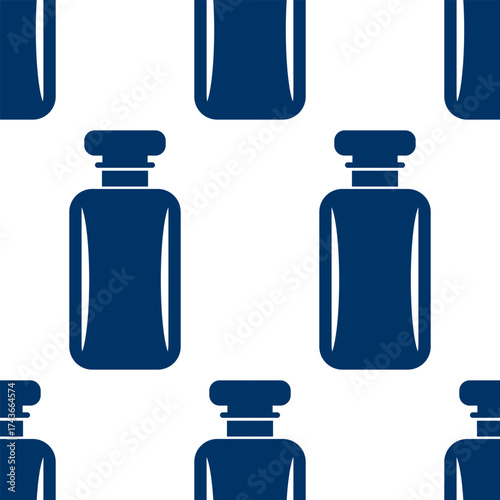 Seamless repeating pattern of dark blue perfume bottles in a flat minimalist style on a white background for cosmetic design