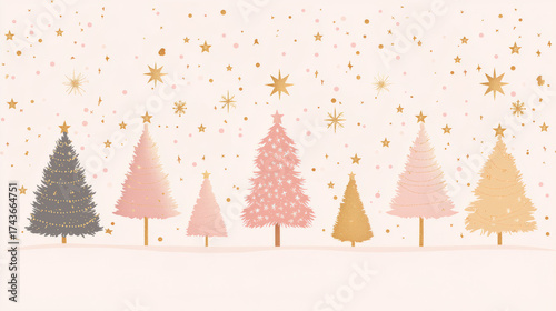 Pastel Pink Christmas Background with Metallic Gold Trees and Stars