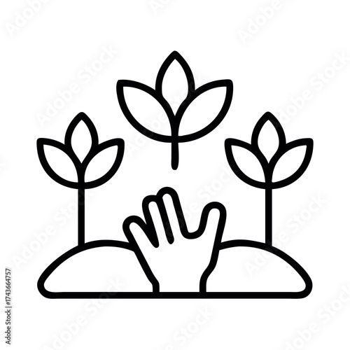 Gardening icon showing a hand emerging from soil with three growing plants above