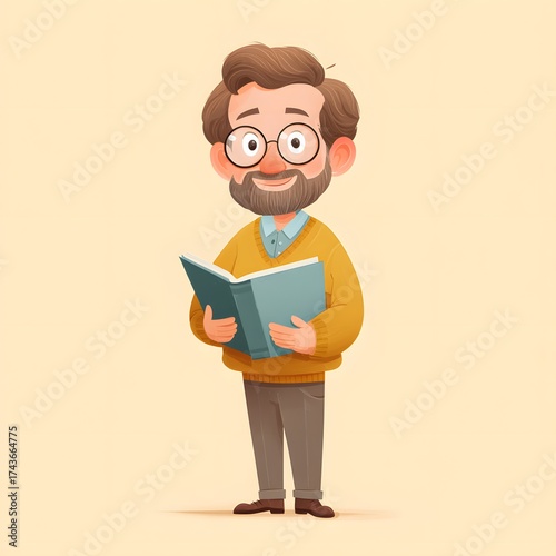 Cartoon man with glasses and beard standing and reading a book in a yellow sweater and brown pants