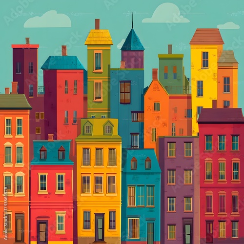Colorful city buildings with various heights and styles under a light blue sky with clouds above them