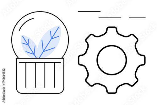 Leaf in a glass dome beside a gear, representing synergy between nature and technology. Ideal for sustainability, eco-friendliness, innovation, engineering, conservation, green energy, product