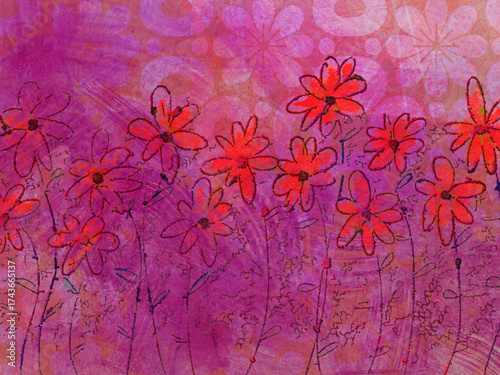 Abstract distressed vintage floral painting messy ink sketch with neon paint