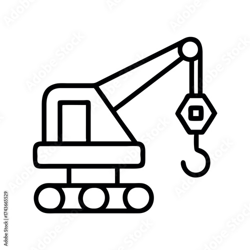 Simple line art icon of a compact crane with tracks and hook for lifting heavy loads