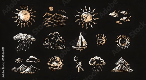 Assorted weather and nature icons in gold on a black background, including sun, clouds, mountains, and sailboat