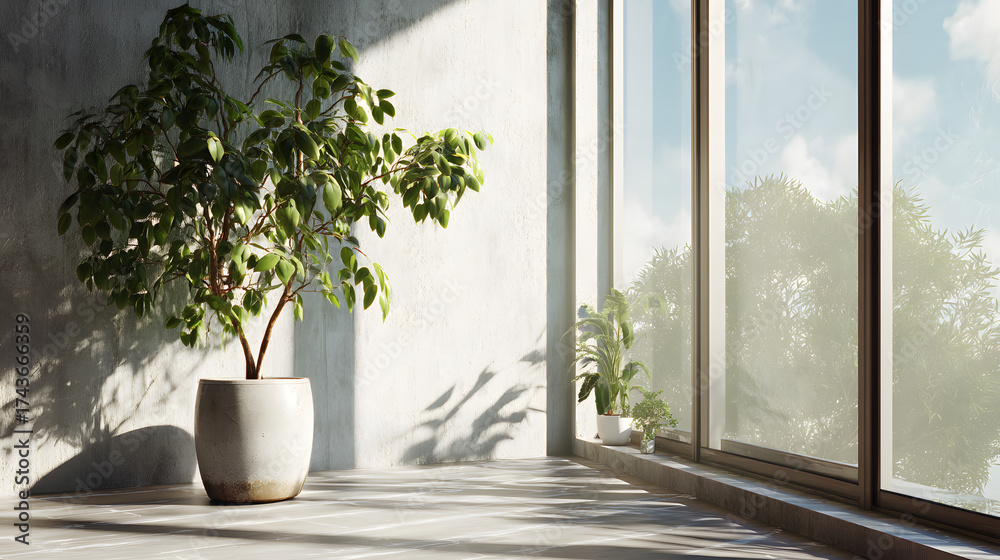 Fototapeta premium Indoor plant setup by large window modern interior sunlight