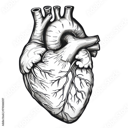 Realistic human heart illustration showcasing intricate details of anatomy and blood vessels in black and white style