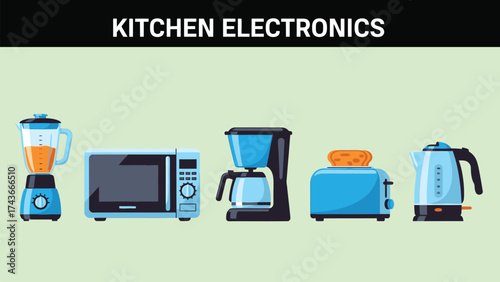 Various kitchen appliances on a light green background bundle design