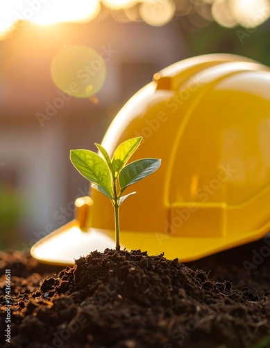 Young sprout in soil, safety helmet