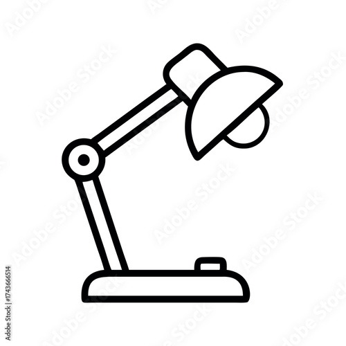 Simple line art illustration of an adjustable desk lamp with a flexible arm and swiveling head