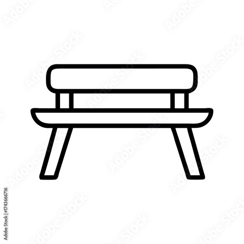 Simple outline illustration of a classic wooden park bench with a backrest and legs