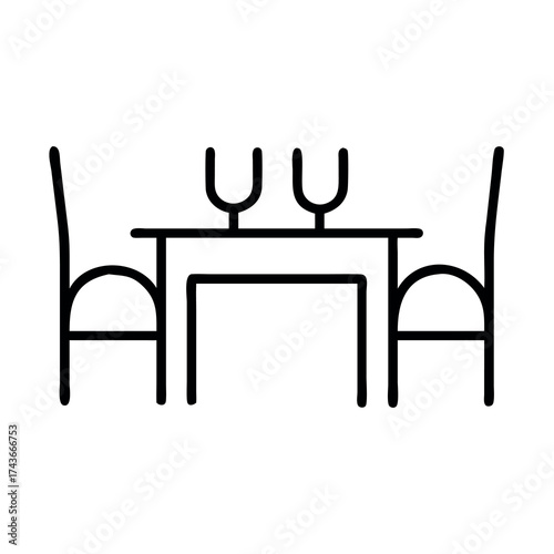 Minimalist line art illustration of a dining table set for two with chairs and glasses