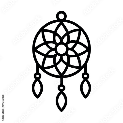 Minimalist black outline drawing of a dreamcatcher with intricate floral web and hanging beads