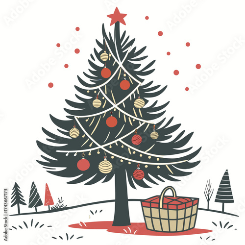 Festive christmas tree with ornaments and a picnic basket