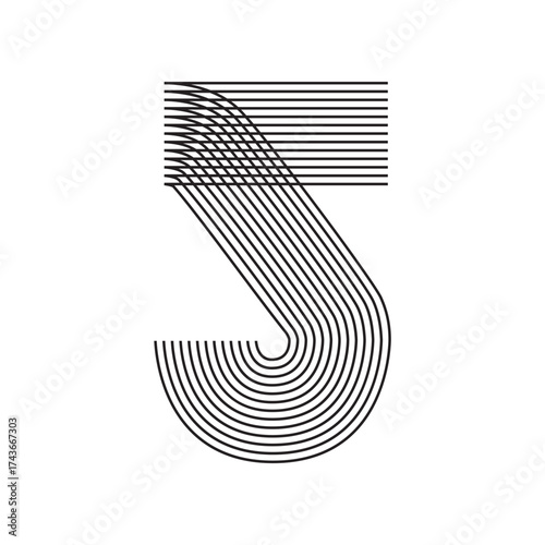 Geometric Number five 5 Line Art in black thin striped lines isolated on white background. Graphic design vector illustration for Banner Greeting Card Annual Report Poster Event Anniversary Symbol Ad