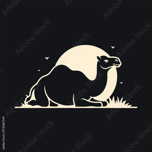 Camel Resting in Desert with Moon Minimalist Vector Art
