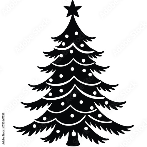 Silhouette of a christmas tree with star and balls