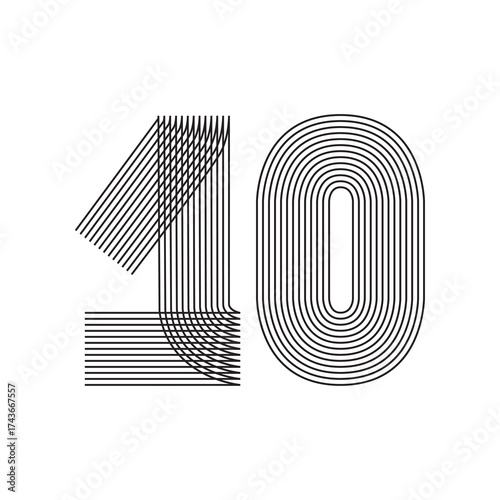 Number ten 10 line art in black thin striped lines isolated on white background. Graphic design vector illustration for Banner Greeting Card Annual Report Poster Event Anniversary Symbol Jubilee Party