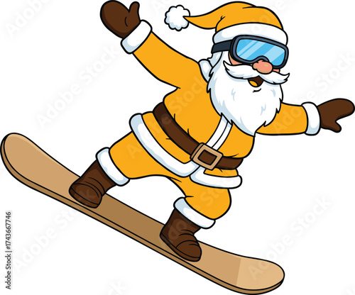 Santa Claus snowboarding in yellow suit cartoon, winter sports holiday illustration, festive Christmas fun, extreme sport Santa character art
