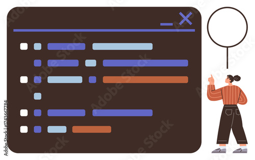 Organized data visualization with horizontal bars, checkboxes, and a woman pointing at the screen. Ideal for technology, workflow, presentation, analytics, data management, teamwork simple flat