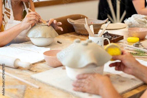 Принти на полотні Hands creating pottery in ceramics workshop class