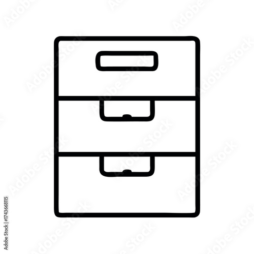 Simple line art illustration of a three drawer filing cabinet for organization and storage